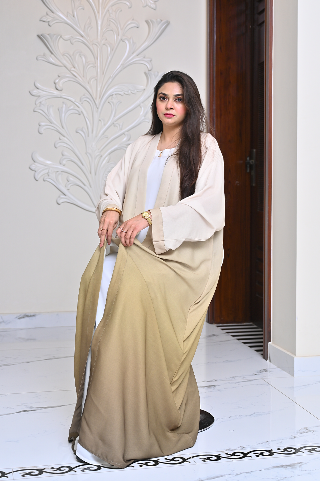 Cream & Gold Tie-Dye Abaya